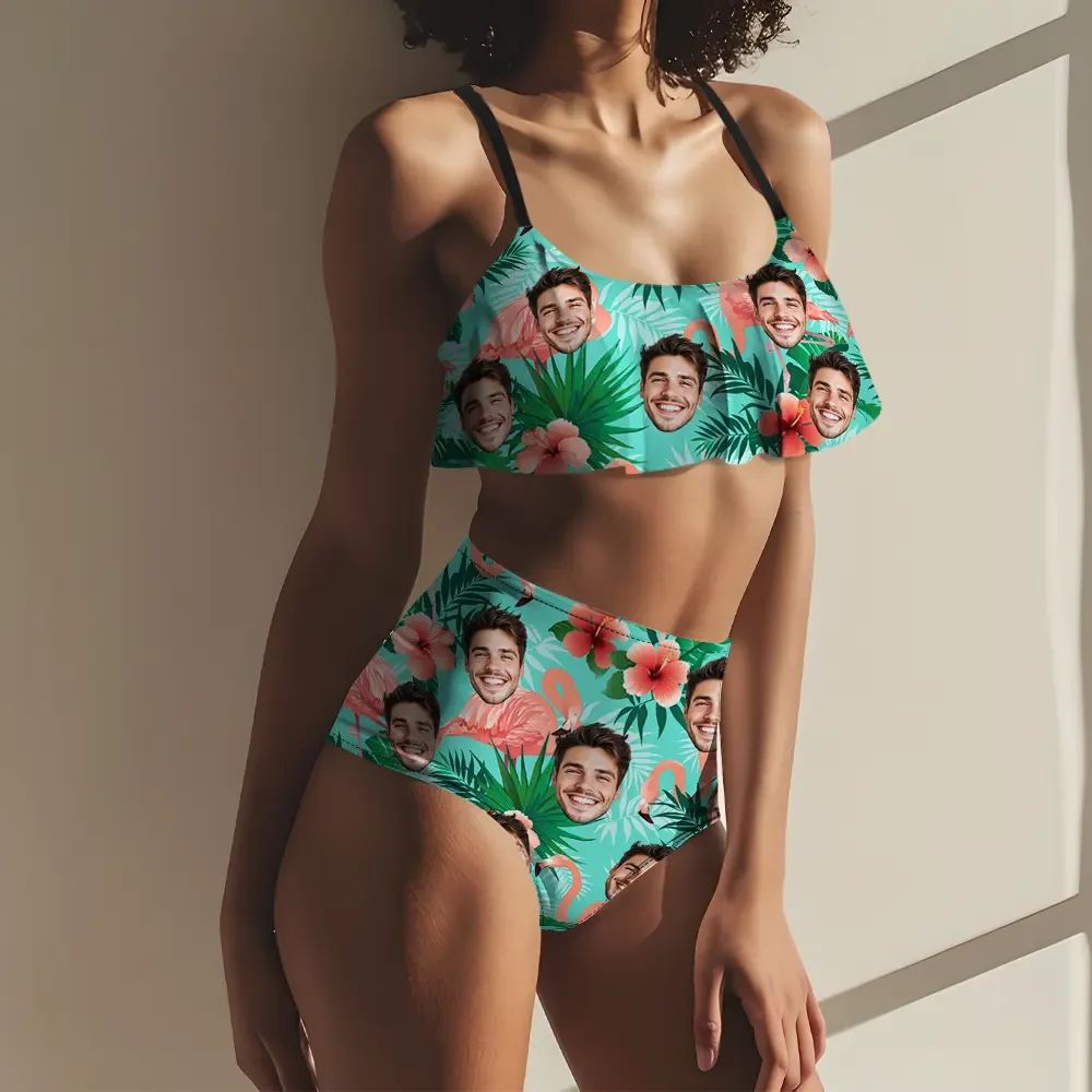 Custom Hawaiian Style Women's Ruffle Summer Bikini High Waisted Bathing Suits Gift For Her