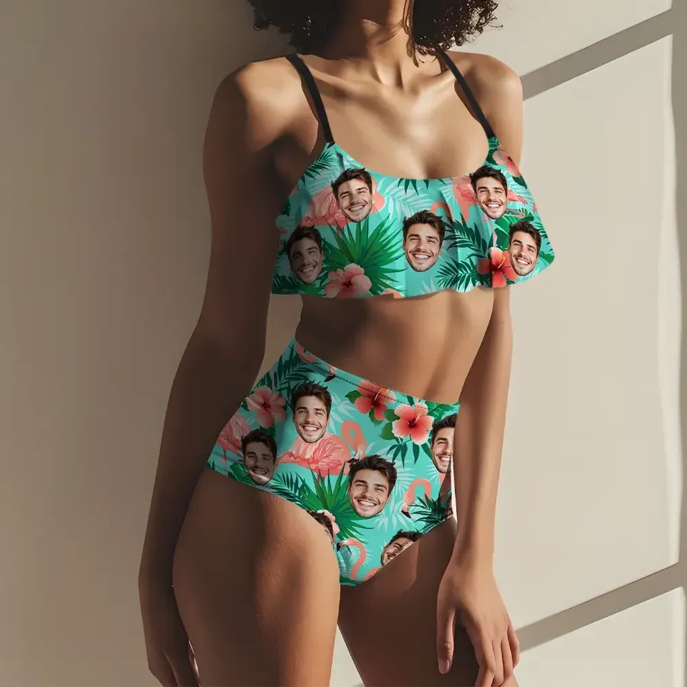 Custom Hawaiian Style Women's Ruffle Summer Bikini High Waisted Bathing Suits Gift For Her