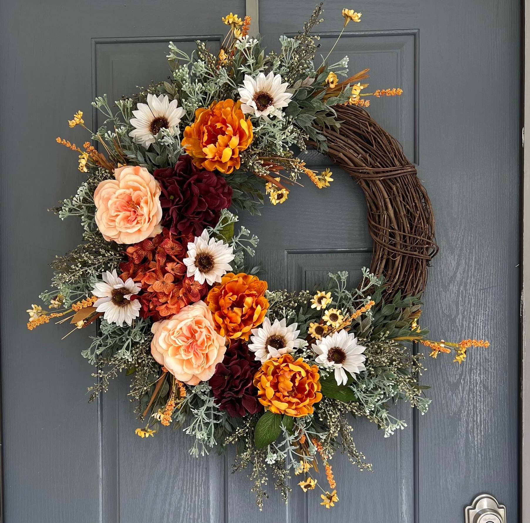 Elegant Burgundy Hydrangea Fall Wreath – Front Door Autumn Decoration