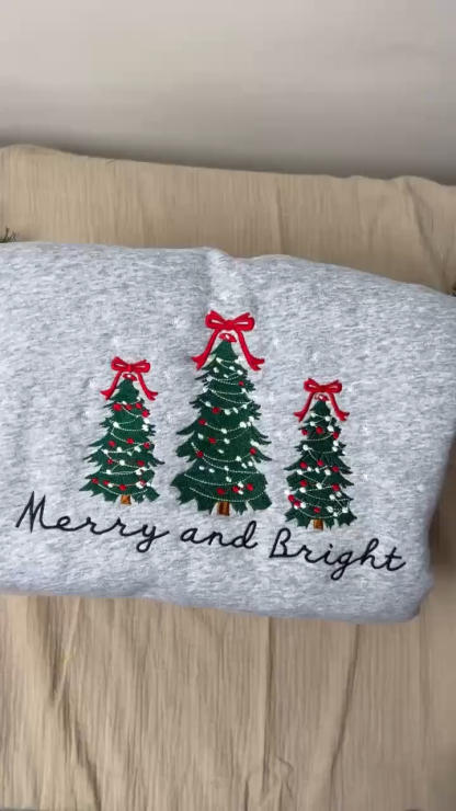 Embroidered Merry and Bright Pine-tree Sweatshirts for Christmas | Christmas Tree Sweater