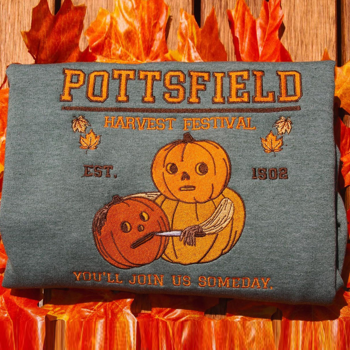Pottsfield Harvest Festival Pumpkin Carver Embroidered Sweater inspired by Over The Garden Wall - Fall Autumn Halloween Shirt
