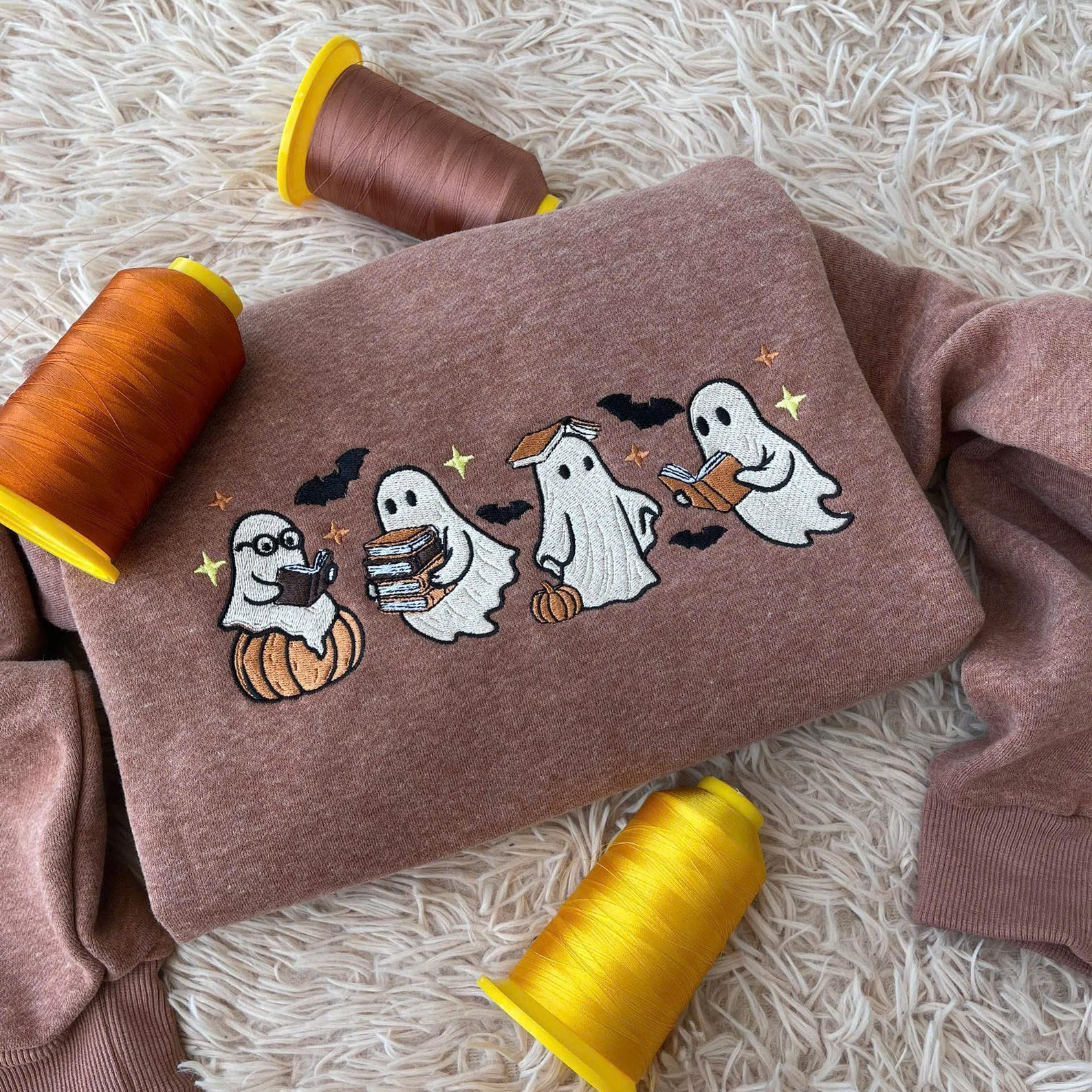 Embroidered Ghost Sweatshirt: Spooky Season Crewneck Autumn Pullover