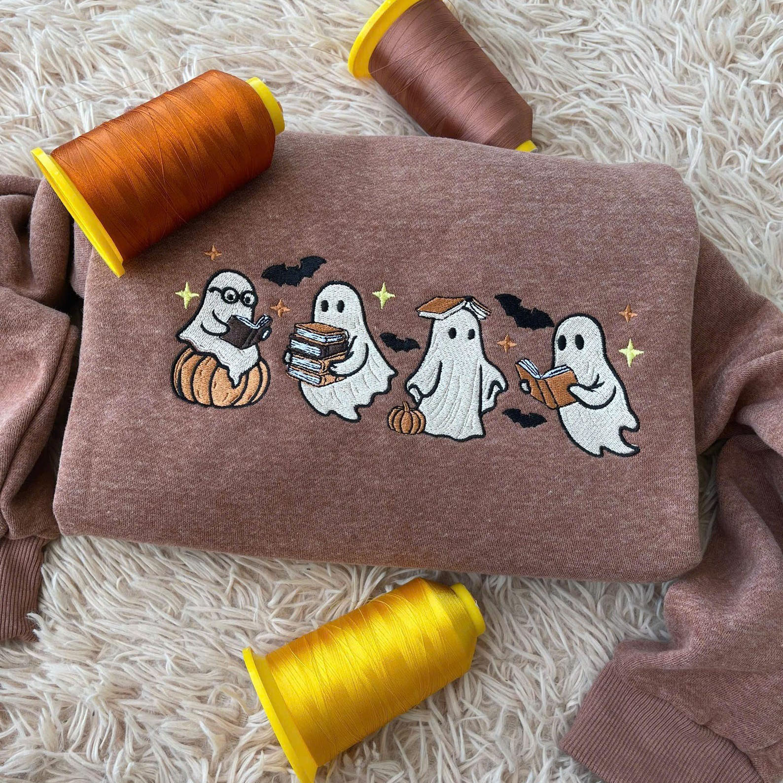 Embroidered Ghost Sweatshirt: Spooky Season Crewneck Autumn Pullover