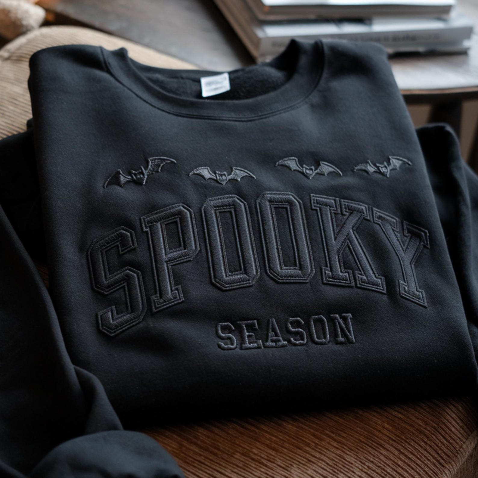 EMBROIDERED SPOOKY SEASON Sweatshirt Halloween Bat Style