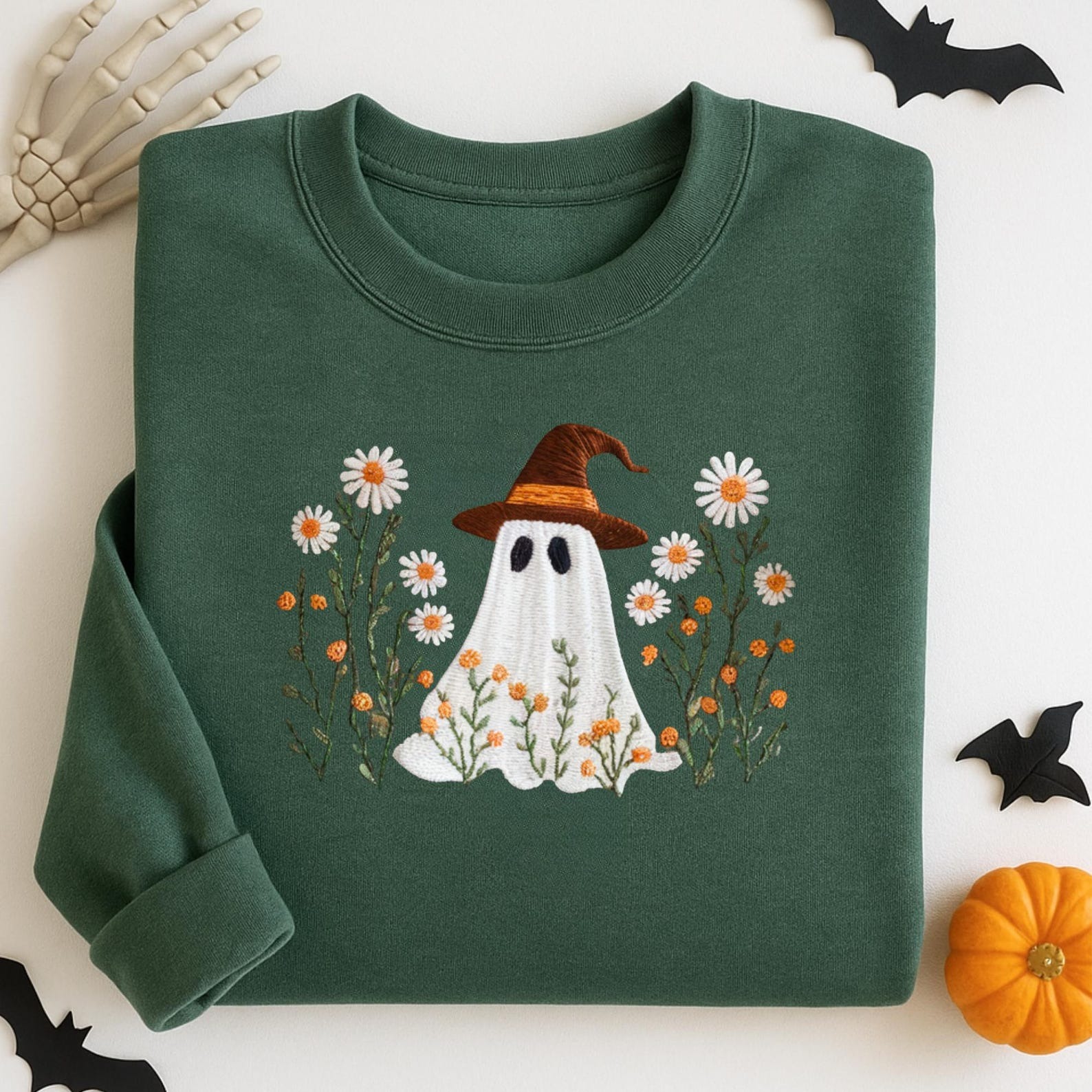 Embroidered Haunted House Crewneck Sweatshirt Cozy Halloween Sweater