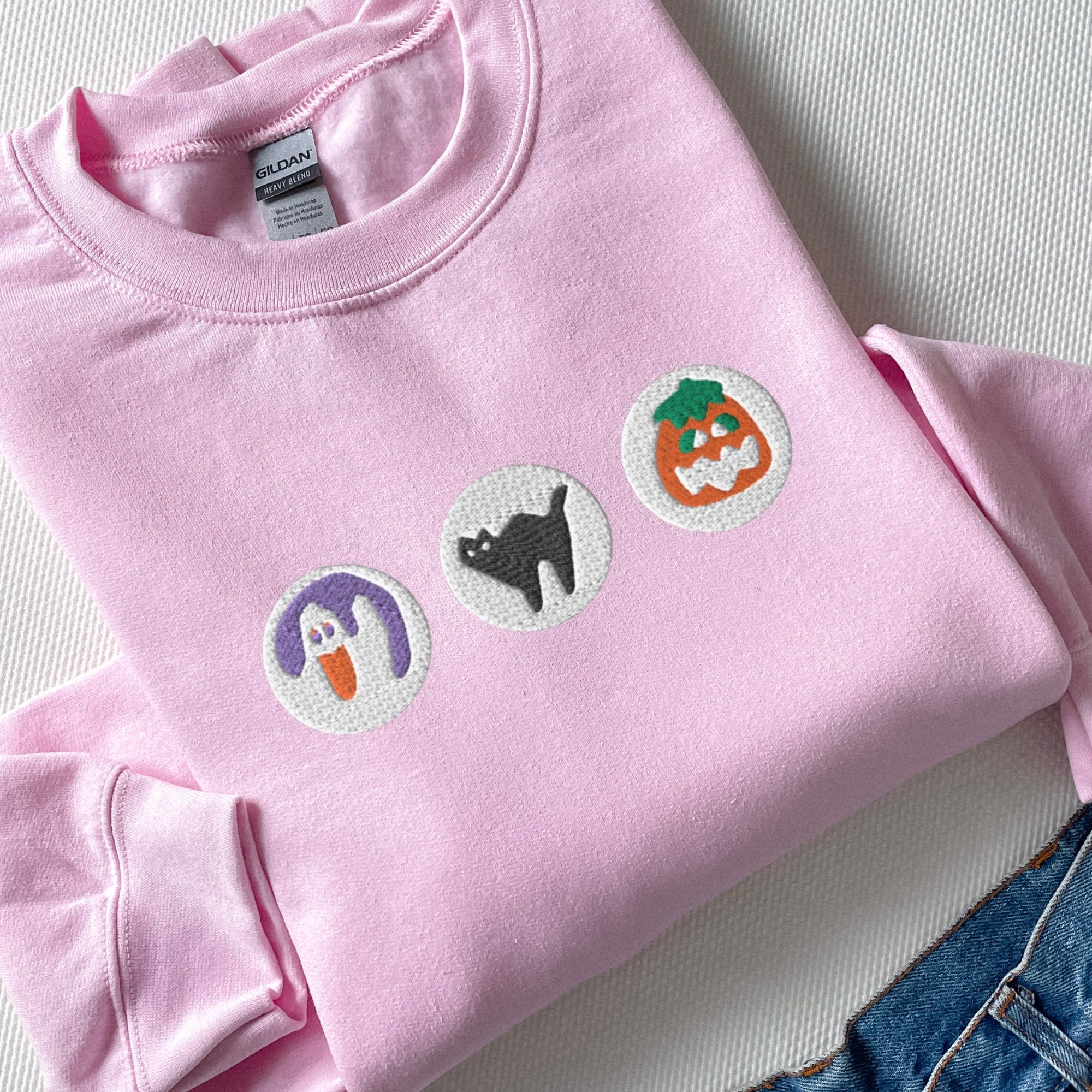 Halloween Sugar Cookie Embroidered Sweatshirt – Spooky Season Crewneck with Cat, Pumpkin, Boo & Ghost Design