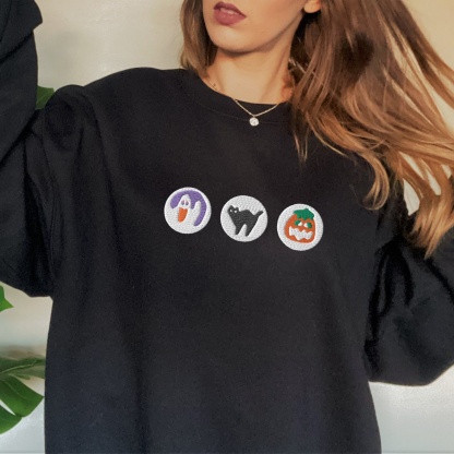Halloween Sugar Cookie Embroidered Sweatshirt – Spooky Season Crewneck with Cat, Pumpkin, Boo & Ghost Design