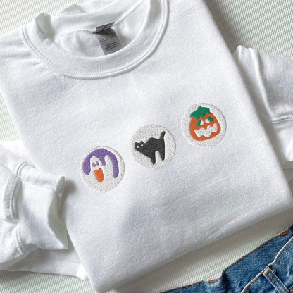 Halloween Sugar Cookie Embroidered Sweatshirt – Spooky Season Crewneck with Cat, Pumpkin, Boo & Ghost Design