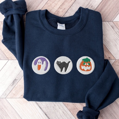 Halloween Sugar Cookie Embroidered Sweatshirt – Spooky Season Crewneck with Cat, Pumpkin, Boo & Ghost Design
