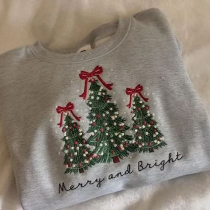 Embroidered Merry and Bright Pine-tree Sweatshirts for Christmas | Christmas Tree Sweater