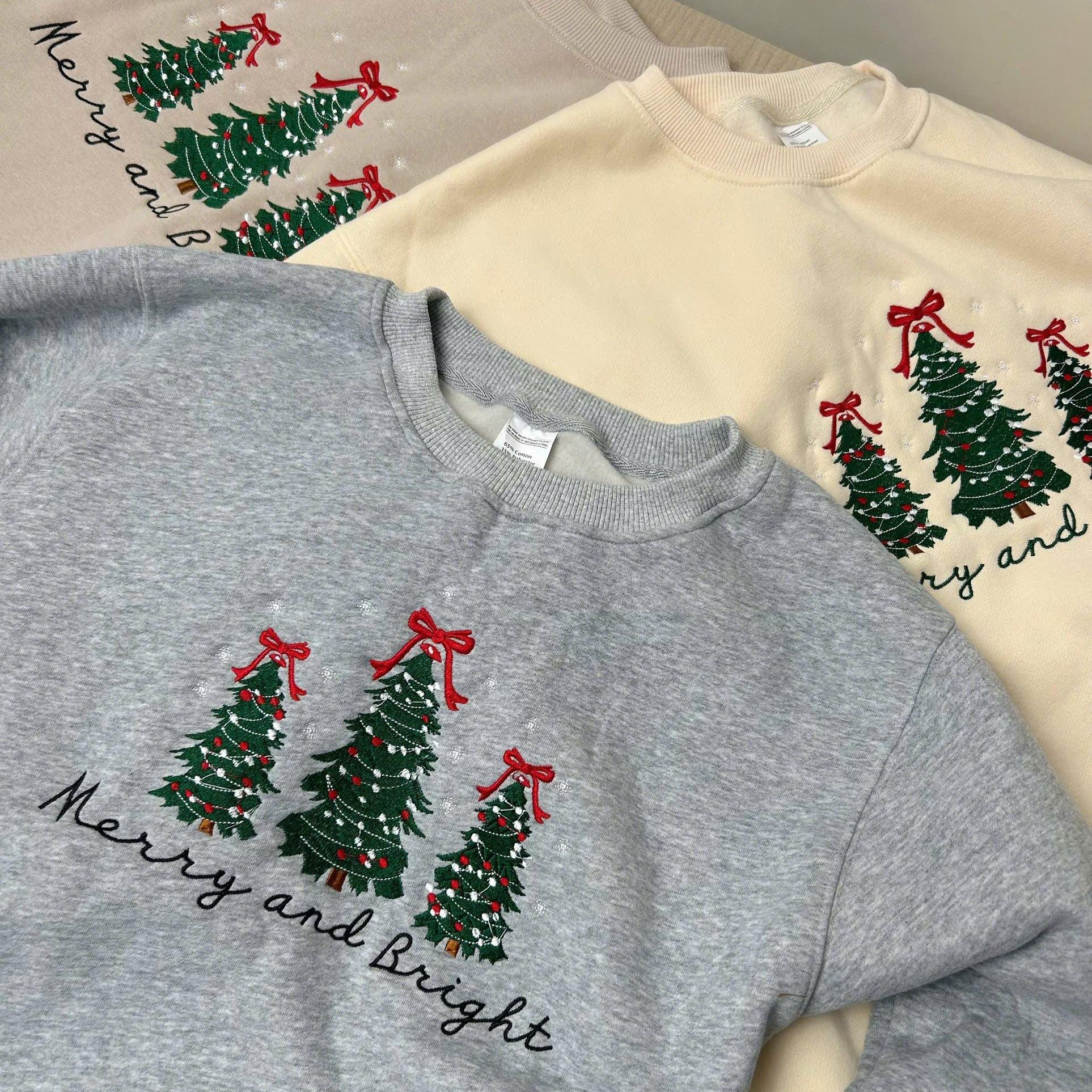 Embroidered Merry and Bright Pine-tree Sweatshirts for Christmas | Christmas Tree Sweater