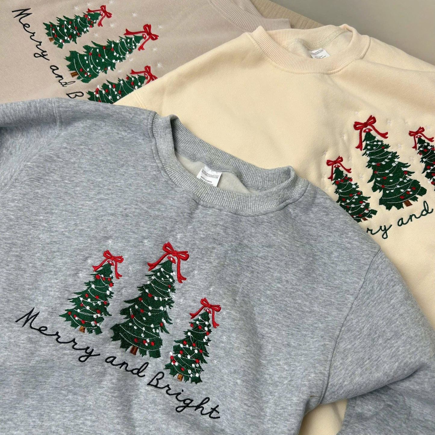 Embroidered Merry and Bright Pine-tree Sweatshirts for Christmas | Christmas Tree Sweater