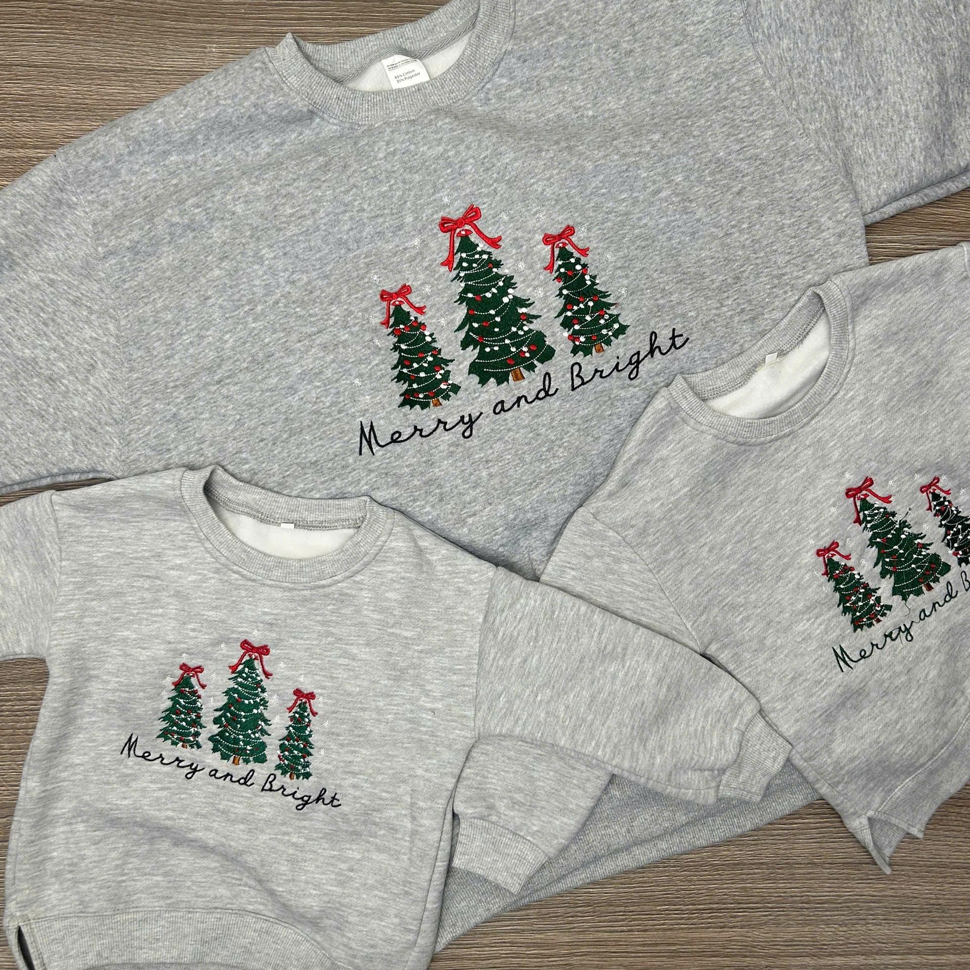 Embroidered Merry and Bright Pine-tree Sweatshirts for Christmas | Christmas Tree Sweater