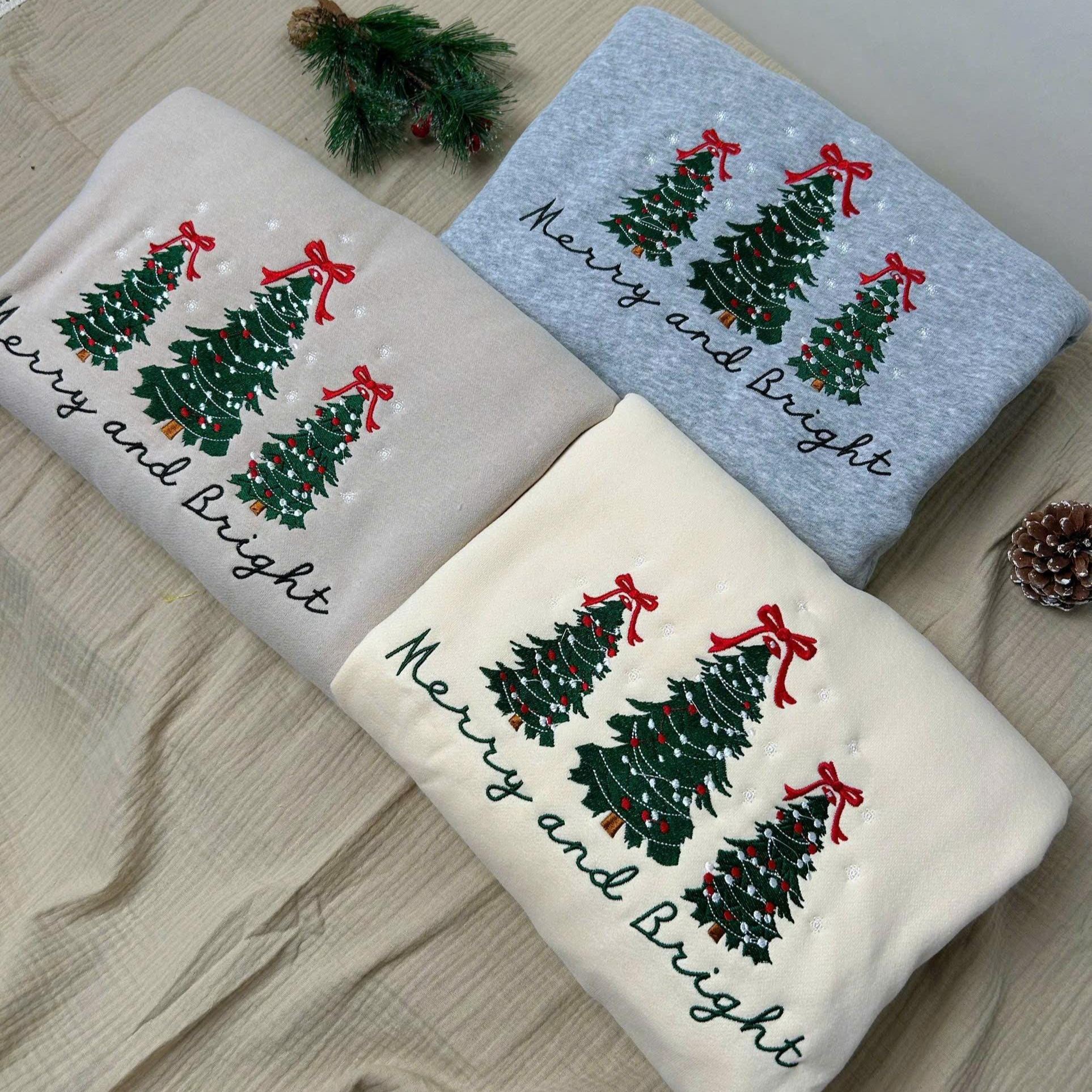 Embroidered Merry and Bright Pine-tree Sweatshirts for Christmas | Christmas Tree Sweater
