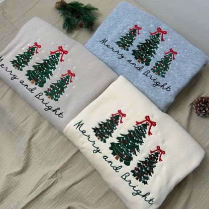 Embroidered Merry and Bright Pine-tree Sweatshirts for Christmas | Christmas Tree Sweater
