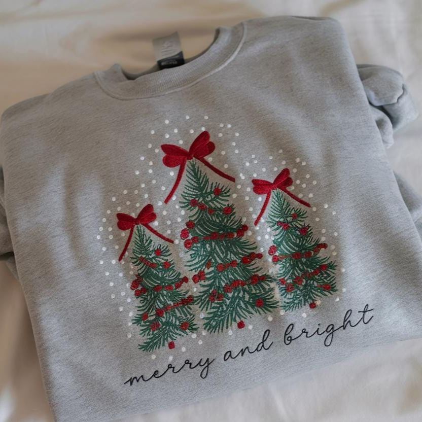 Embroidered Merry and Bright Pine-tree Sweatshirts for Christmas | Christmas Tree Sweater