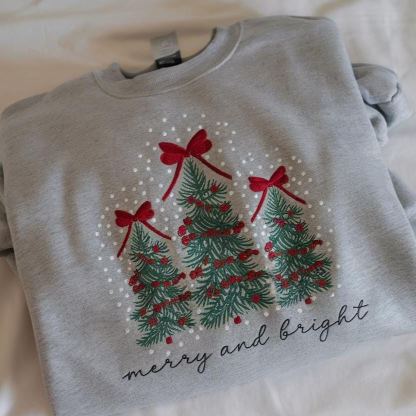 Embroidered Merry and Bright Pine-tree Sweatshirts for Christmas | Christmas Tree Sweater