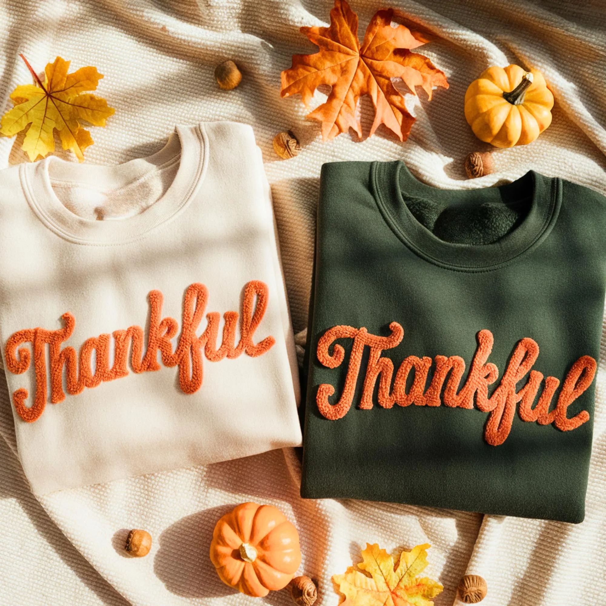 Embroidered Thankful Chenille Yarn Sweatshirt for Thanksgiving 