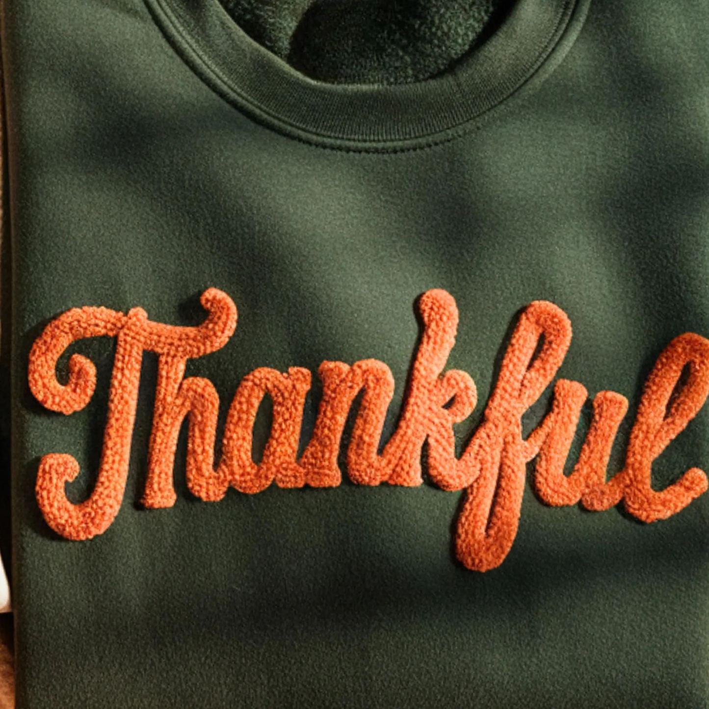 Embroidered Thankful Chenille Yarn Sweatshirt for Thanksgiving 