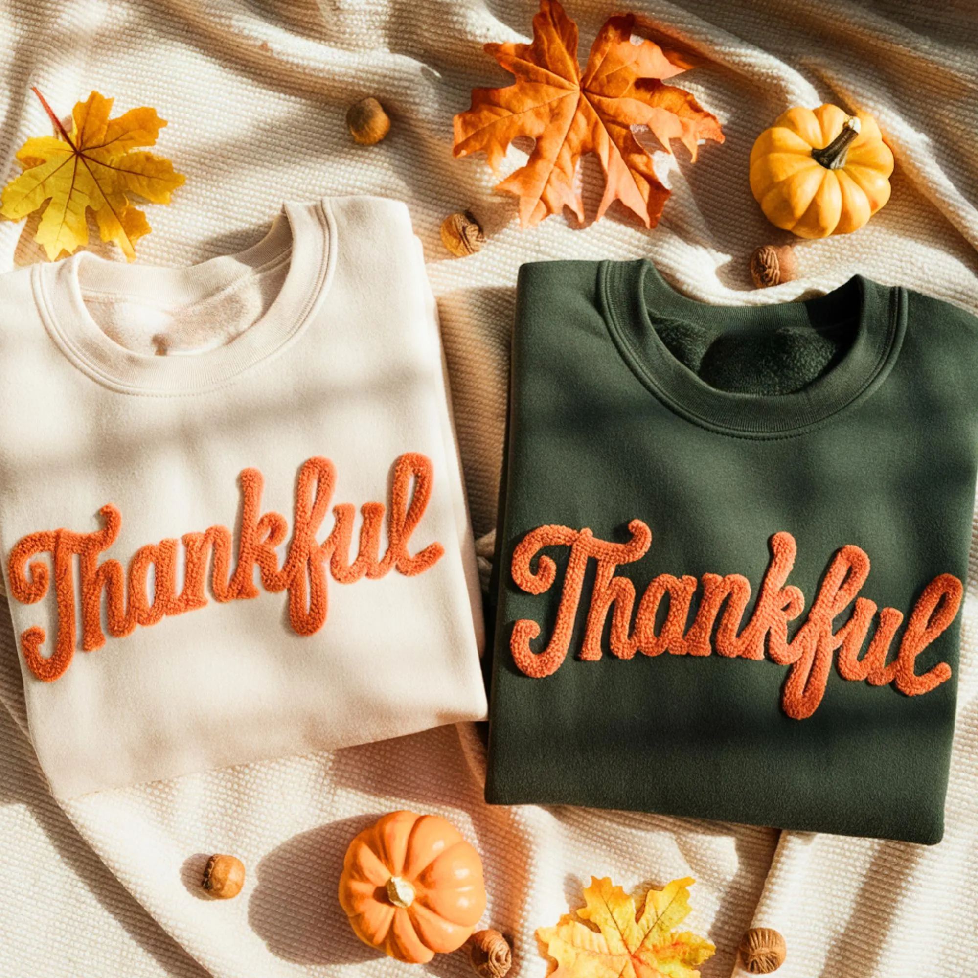 Embroidered Thankful Chenille Yarn Sweatshirt for Thanksgiving 