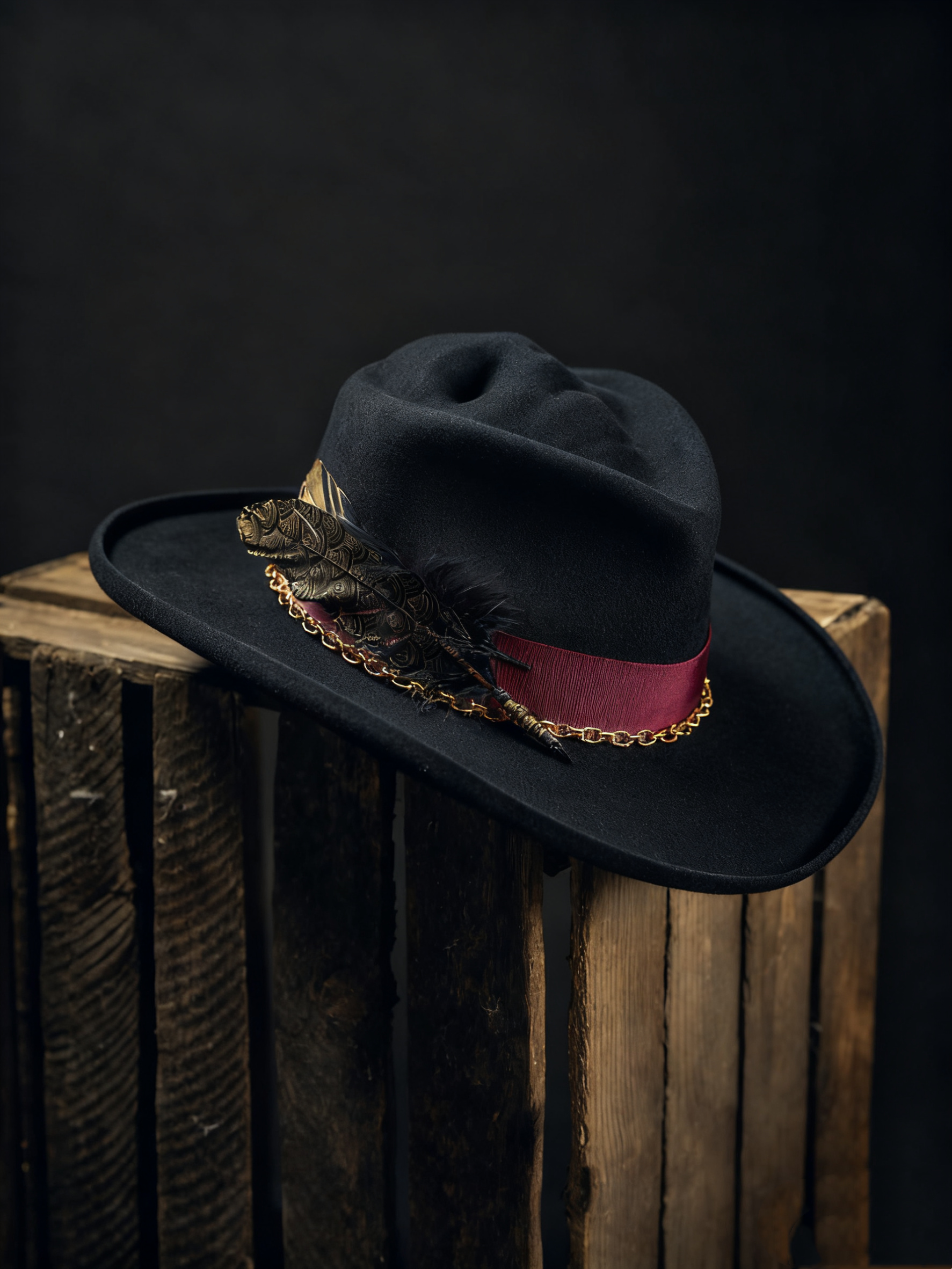 Crimson Chain Feather Vintage Hat