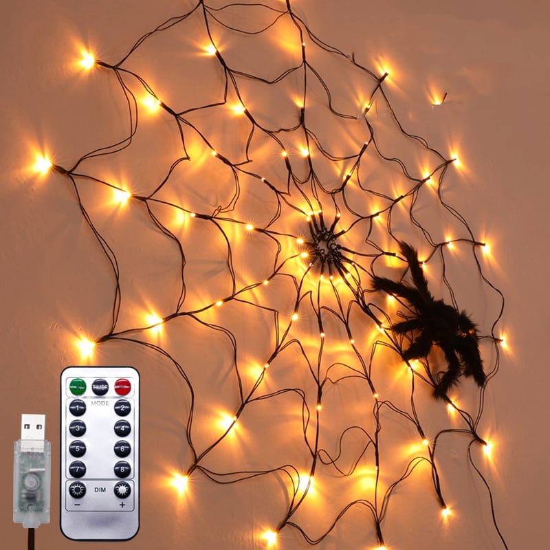 LED Spider Web Halloween Lights, Halloween Decorations for Indoor Outdoor House Garden Yard Party, Waterproof Spider Web Lights with Remote Control