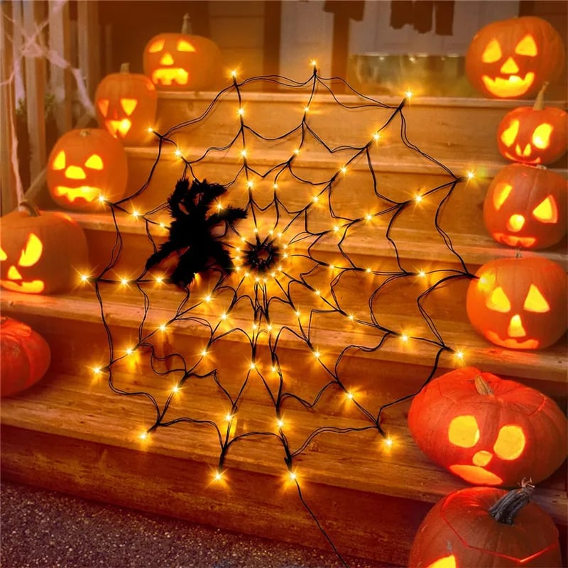 LED Spider Web Halloween Lights, Halloween Decorations for Indoor Outdoor House Garden Yard Party, Waterproof Spider Web Lights with Remote Control