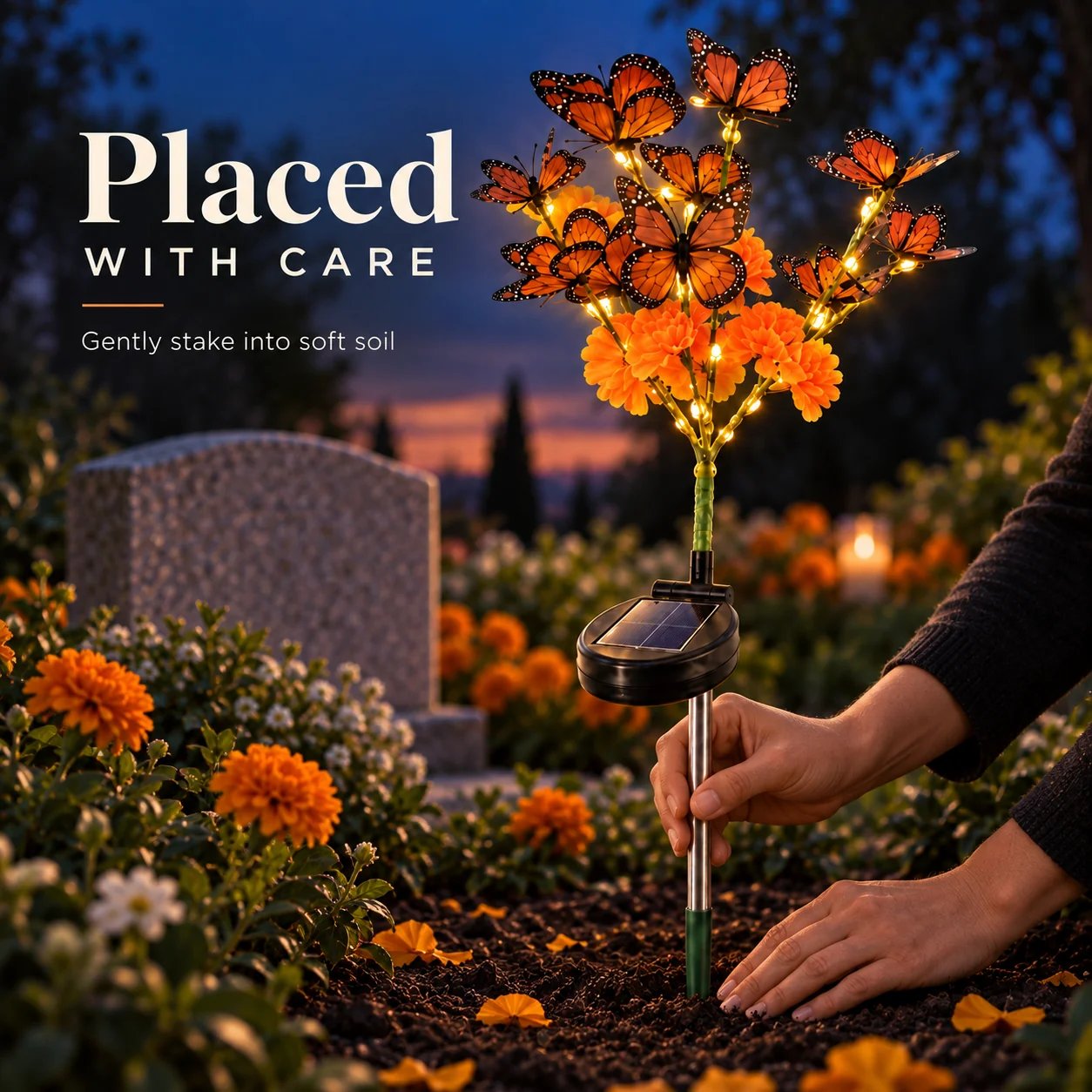 Hands gently placing the memorial light stake into soft soil