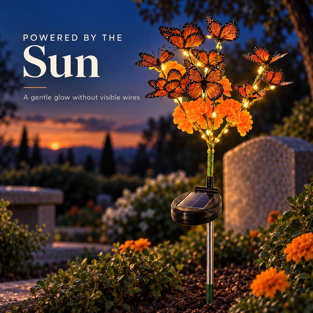 Close view of the integrated solar panel and warm lights on the memorial stake