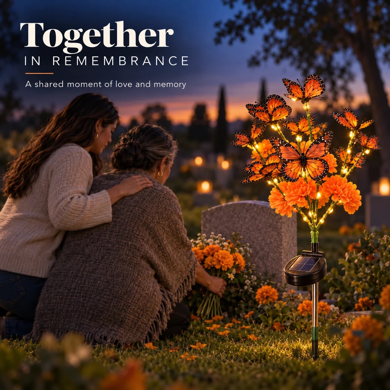 Family sharing a quiet moment of remembrance beside the glowing memorial stake