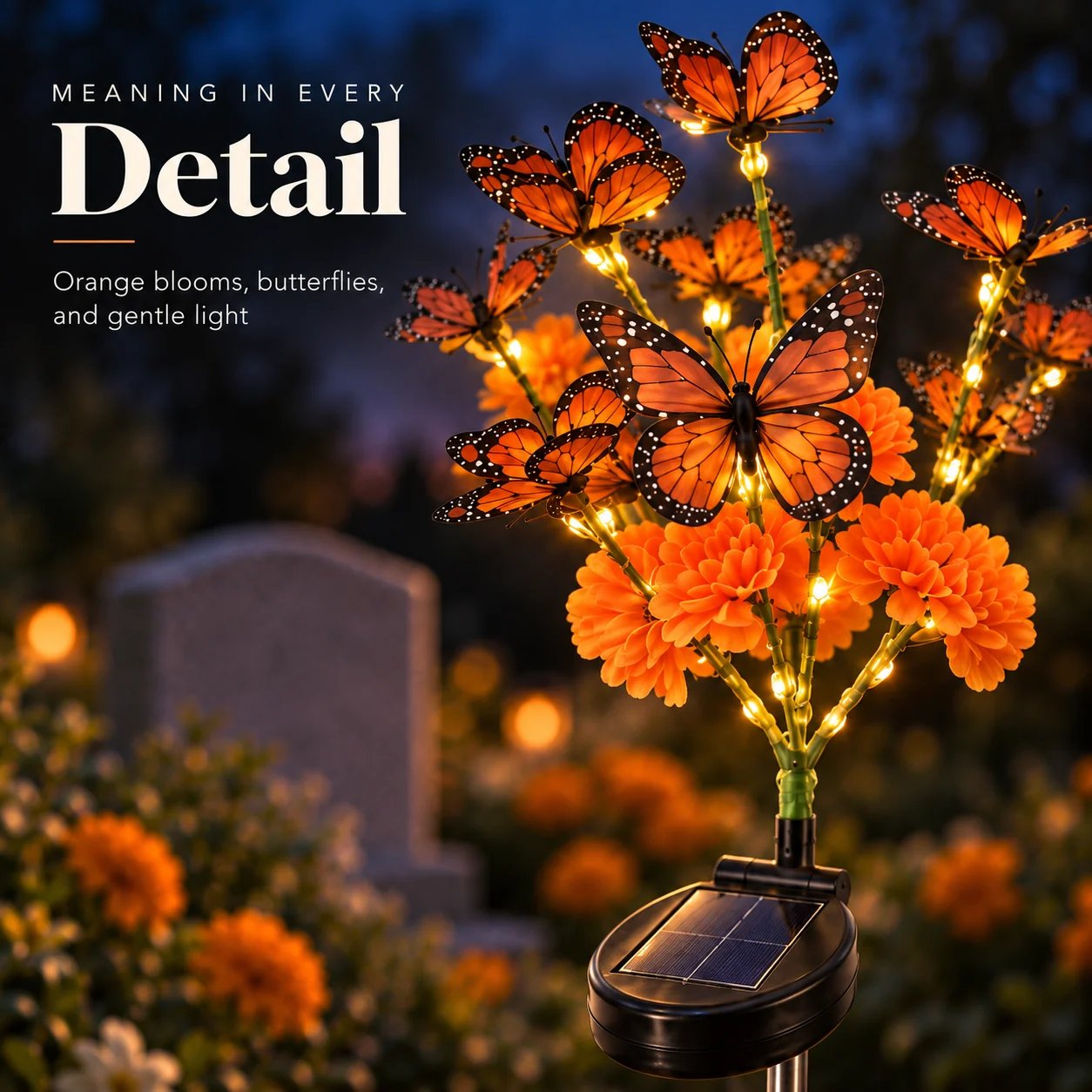 Detailed orange blooms, monarch-inspired butterflies, warm lights, and solar panel