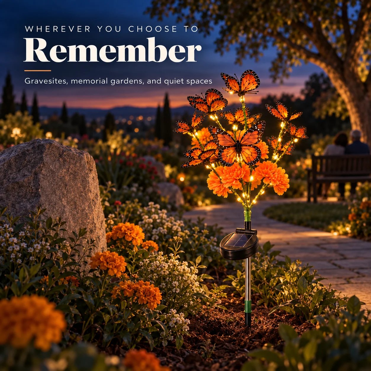 Solar butterfly memorial stake light glowing beside an outdoor remembrance garden