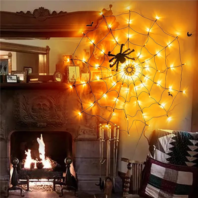 LED Spider Web Halloween Lights, Halloween Decorations for Indoor Outdoor House Garden Yard Party, Waterproof Spider Web Lights with Remote Control