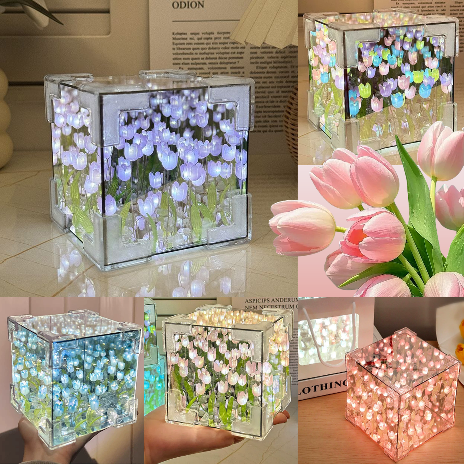 DIY tulipán éjjeli lámpa 🌷 · A térbeli varázskocka-tükör olyan érzést kelt, mintha egy mesés virágtengerben lennél ✨.