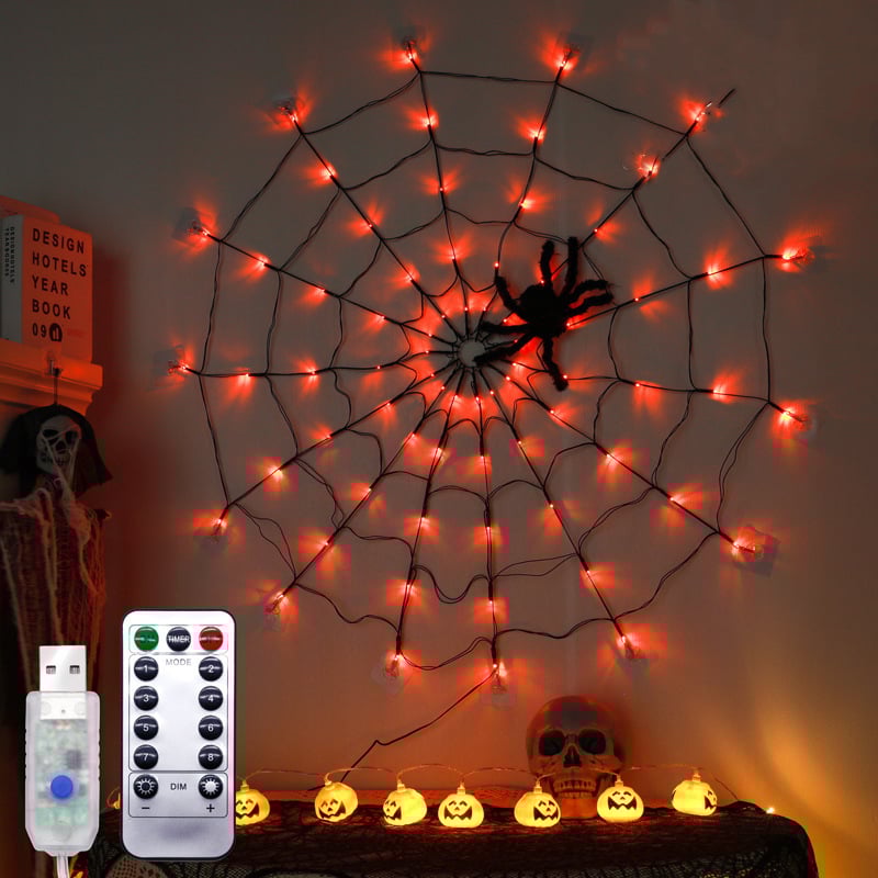 LED Spider Web Halloween Lights, Halloween Decorations for Indoor Outdoor House Garden Yard Party, Waterproof Spider Web Lights with Remote Control