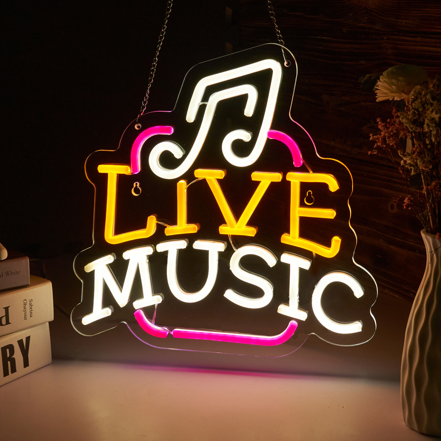 Live Music Neon Sign LED Wall Art for Bedroom, Bar, Studio – USB Powered, Dimmable, Energy-Efficient(12.6x12.6 Inch)