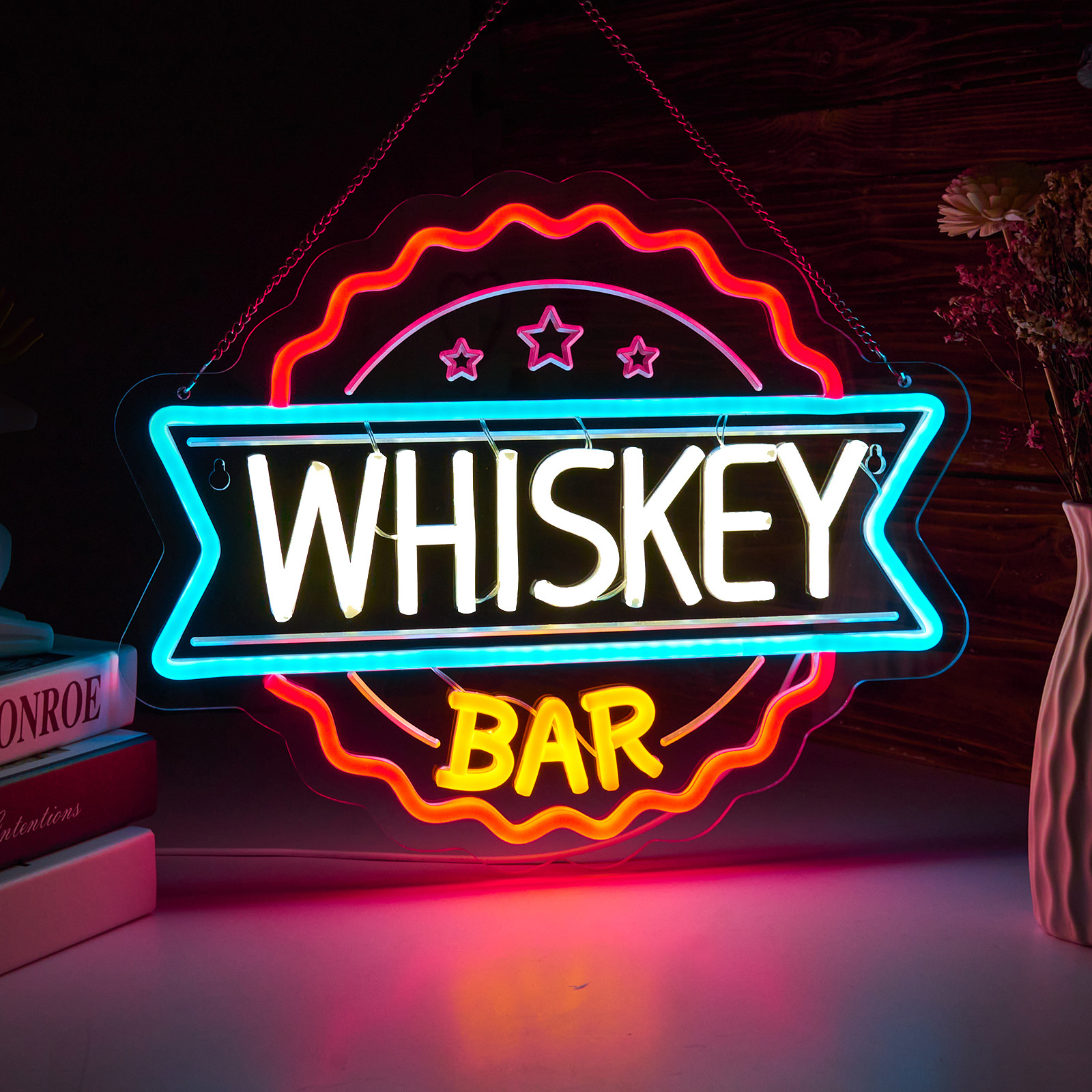 Whiskey Bar Neon Sign for wall decor Perfect for Home Bars, Pubs & Restaurants USB-Powered (15.6x12.4 Inches)