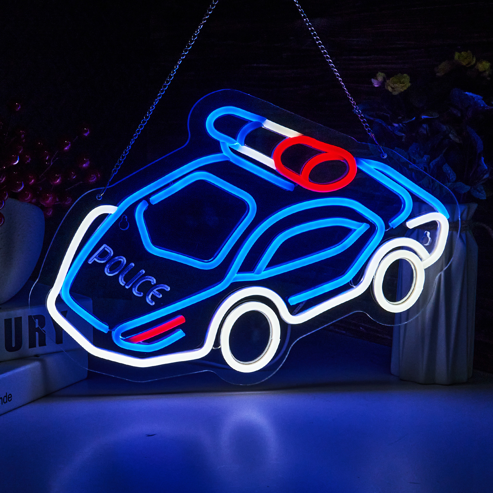 Police Car Neon Sign for Wall Decor Teen Room Decor Gifts for Birthday Kids Room Art Decor Boys Room Decor Playroom Decor(Blue + White Police Car)
