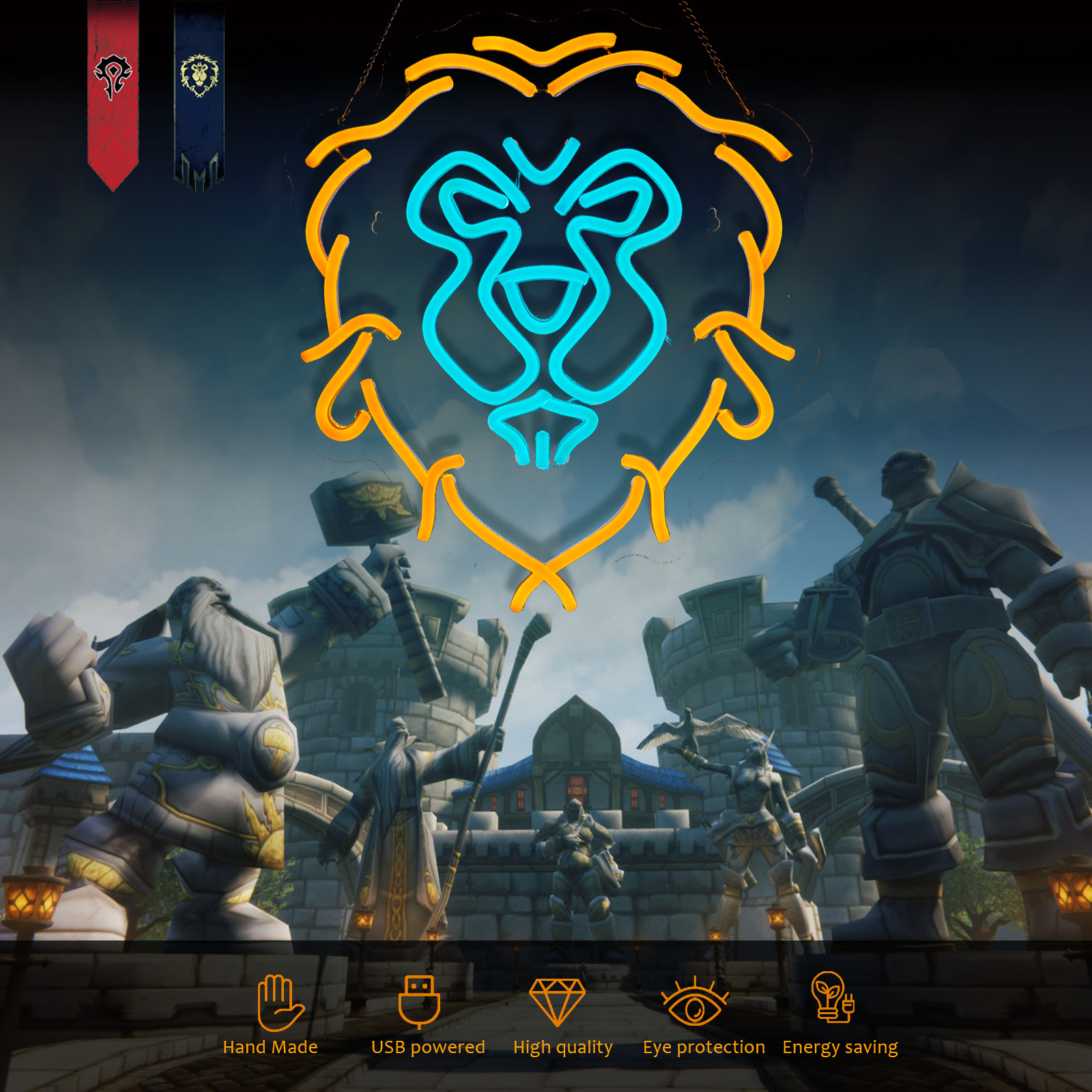 Lion Neon Sign The Alliance LED lignt for Wall Decor Kids room Bedroom Teens room Game room decor (Yellow + Blue Lion)