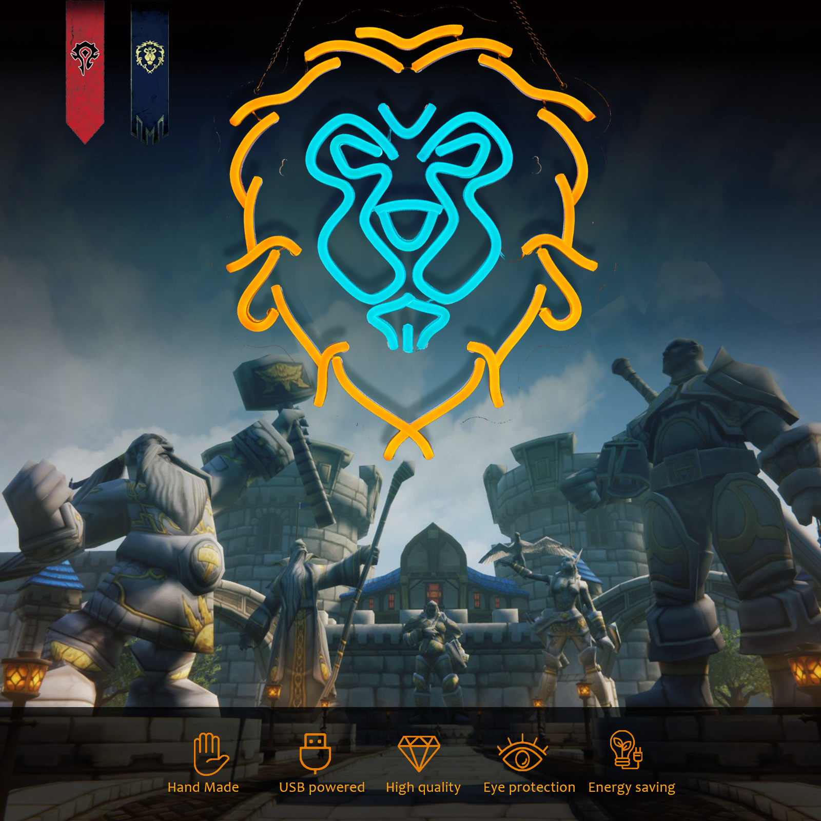 Lion Neon Sign The Alliance LED lignt for Wall Decor Kids room Bedroom Teens room Game room decor (Yellow + Blue Lion)