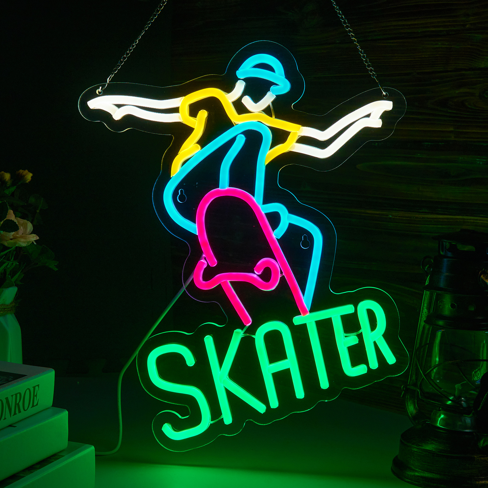 Skater Neon Sign Skateboard Neon Sign for wall decor Gifts for Birthday Kids Room Art Decor(15.8x12.6 Inch)