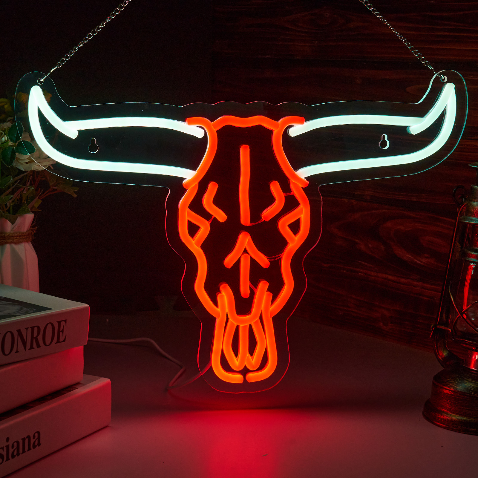 Longhorn Bull Skull Neon Sign Cowboy Western Rodeo Bull Skull Neon Sign for wall decor Beer Bar Club Man Cave(16.5x11.9 Inch)