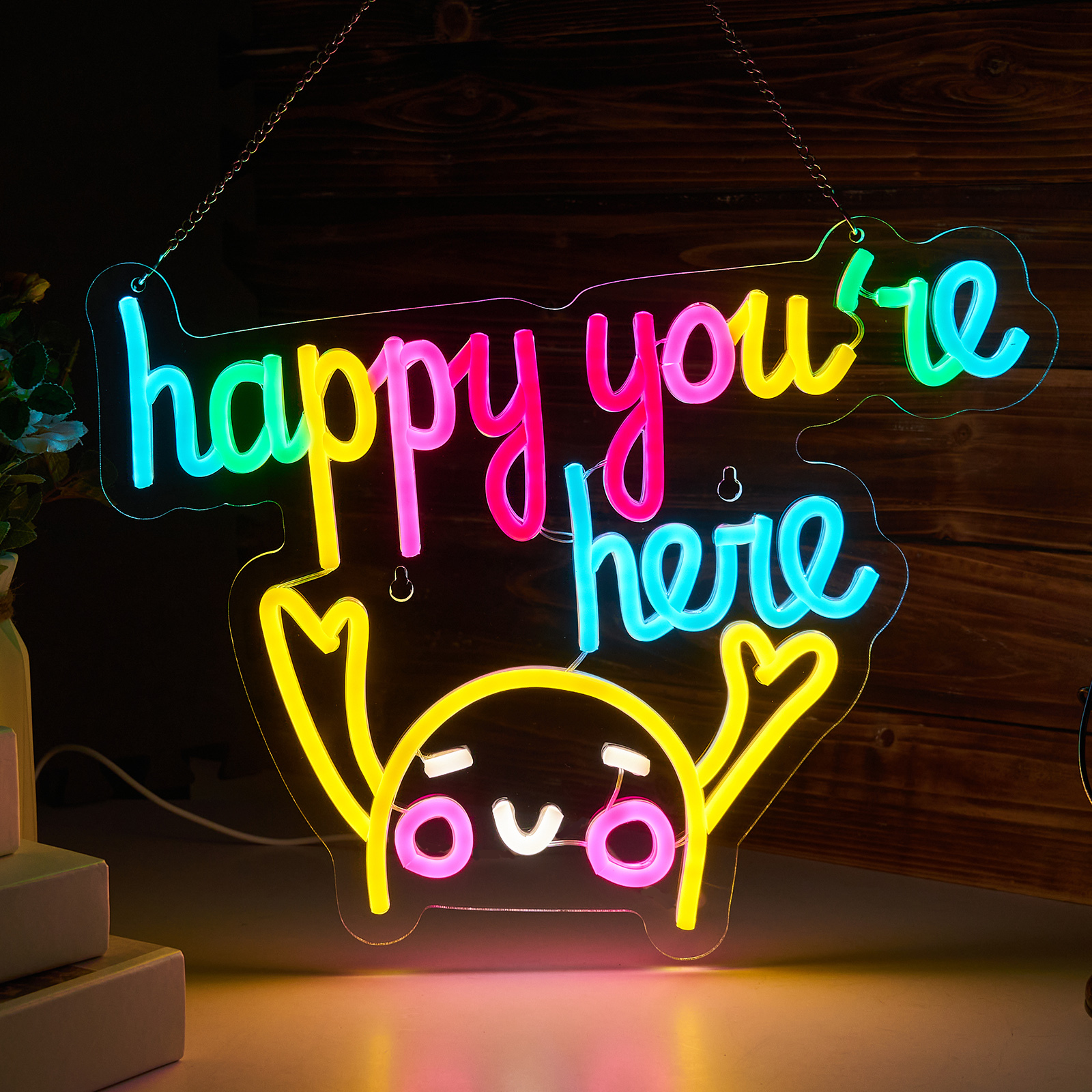 Happy You're Here Neon Sign for wall decor Smart plug timer compatible USB-Powered Suitable for Teen Room Gifts for Birthday Kids Room Art Decor (16.1x12.6 Inch)