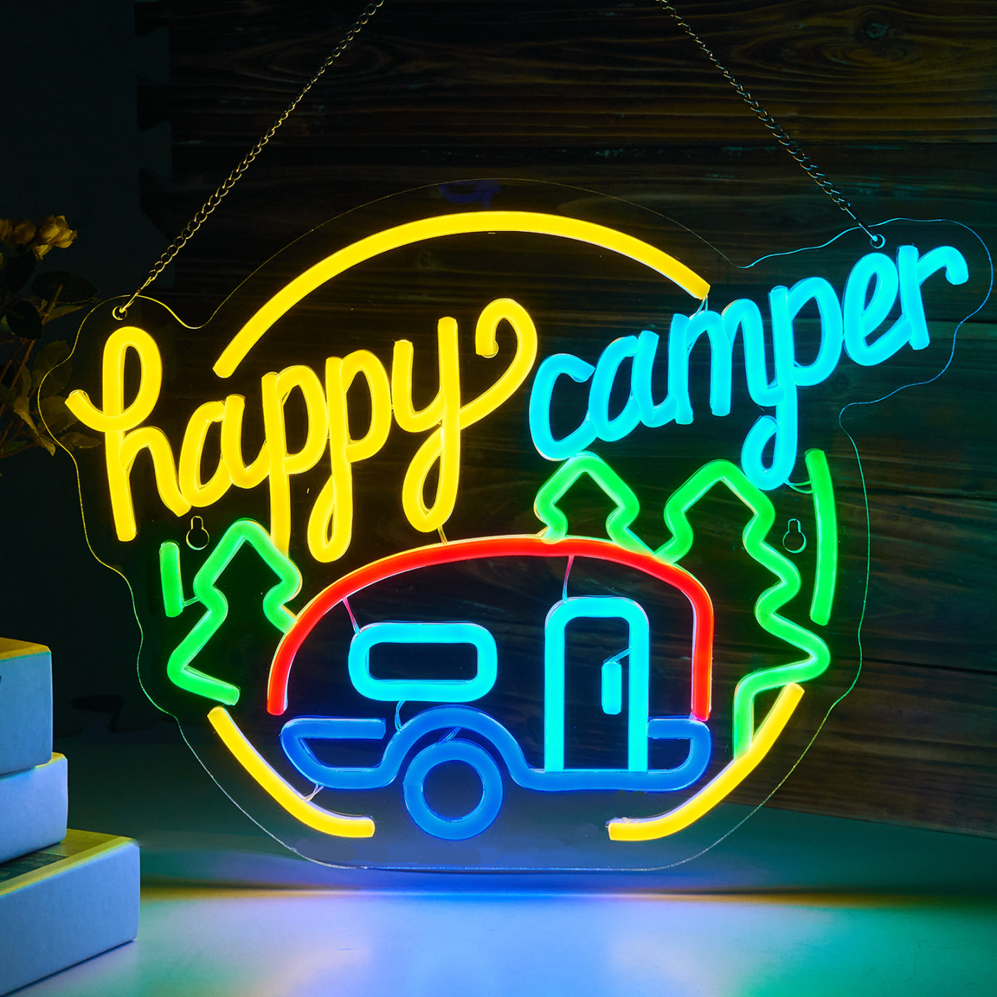 Happy Camper neon sign camping neon sign for wall decor Smart plug timer compatible USB-Powered Suitable for Teen Room Touring Car Gifts Campsite Decorations Inside Camper Backdrop (16.5x12.1 Inch)