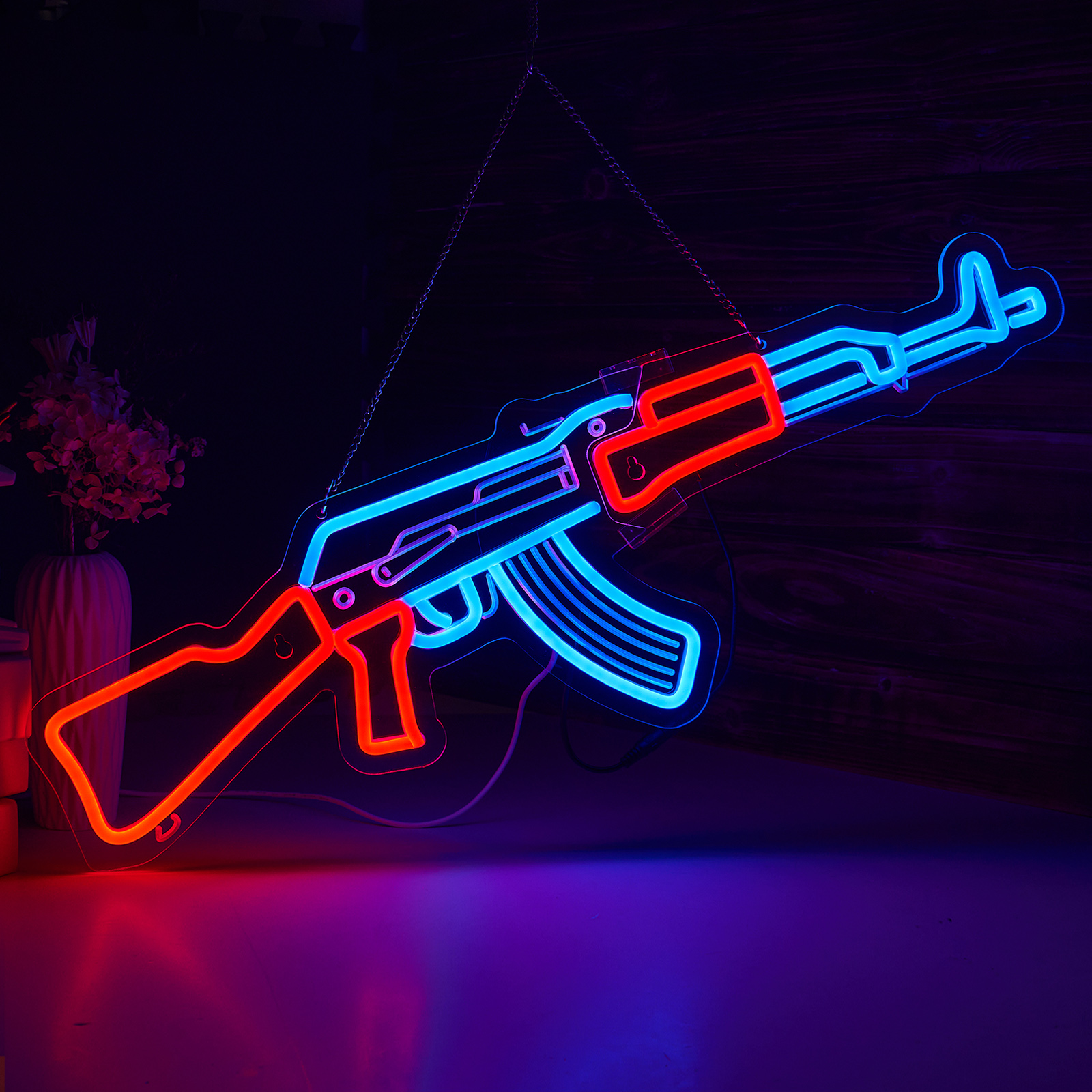 Gun Neon Sign AK 47 Sign for Wall Decor Large Size(26.5x8.7 Inch) Smart plug timer compatible USB Powered Man Cave Bedroom Decor