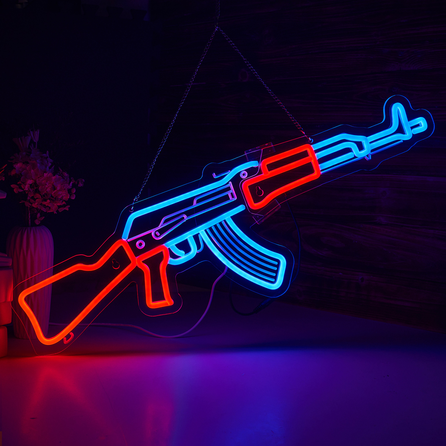 Gun Neon Sign AK 47 Sign for Wall Decor Large Size(26.5x8.7 Inch) Smart plug timer compatible USB Powered Man Cave Bedroom Decor