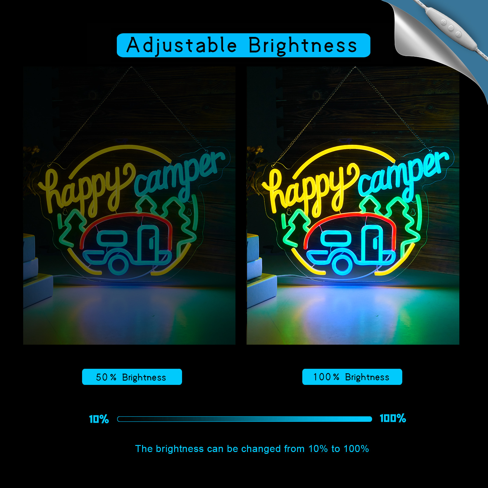 Happy Camper neon sign camping neon sign for wall decor Smart plug timer compatible USB-Powered Suitable for Teen Room Touring Car Gifts Campsite Decorations Inside Camper Backdrop (16.5x12.1 Inch)