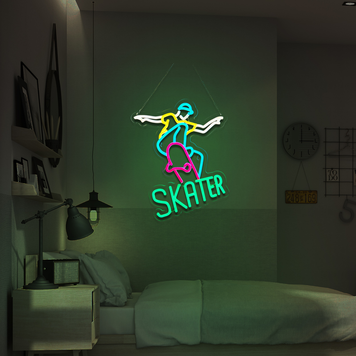 Skater Neon Sign Skateboard Neon Sign for wall decor Gifts for Birthday Kids Room Art Decor(15.8x12.6 Inch)