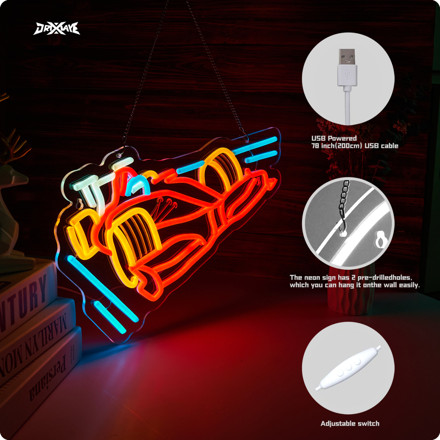 Race Car Neon Sign for wall decor Teen Room Gifts for Birthday Kids Boys Room Decor Playroom Decor(16.3 x10.7 in)