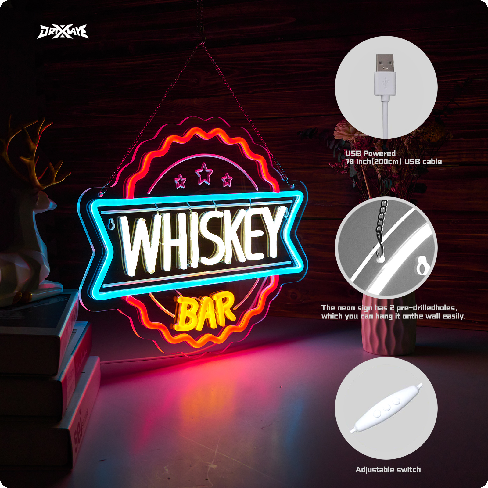 Whiskey Bar Neon Sign for wall decor Perfect for Home Bars, Pubs & Restaurants USB-Powered (15.6x12.4 Inches)